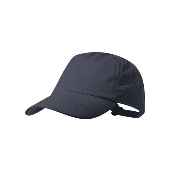 Gorra deportiva de 5 paneles fabricada en suave y resistente microfibra. Con redecilla transpirable a juego en paneles laterales, y cierre de hebilla ajustable.