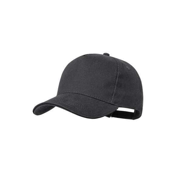 Gorra de 5 paneles en material 100% algodón peinado de 250g/m2. En variada gama de vivos colores, con sandwich en color y acolchado en visera. Orificios de ventilación bordados y cierre ajustable de hebilla.