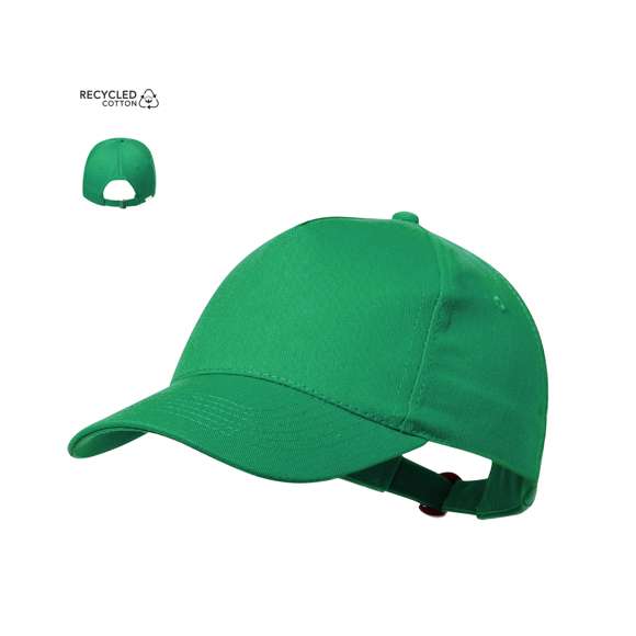 Gorra de 5 paneles en 100% algodón reciclado de suave acabado. Con cierre ajustable de hebilla y orificios de ventilación bordados. Disponible en variada gama de colores, con logotipo en etiqueta.