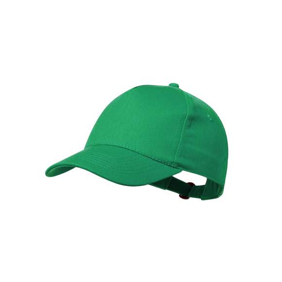 Gorra de 5 paneles en 100% algodón reciclado de suave acabado. Con cierre ajustable de hebilla y orificios de ventilación bordados. Disponible en variada gama de colores, con logotipo en etiqueta.