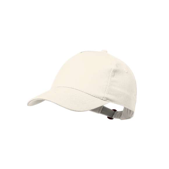 Gorra de 5 paneles en 100% algodón reciclado de suave acabado. Con cierre ajustable de hebilla y orificios de ventilación bordados. Disponible en variada gama de colores, con logotipo en etiqueta.