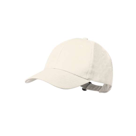 Gorra de 6 paneles en 100% algodón reciclado de suave acabado. Con cierre ajustable de hebilla y orificios de ventilación bordados. Disponible en variada gama de colores, con logotipo en etiqueta.