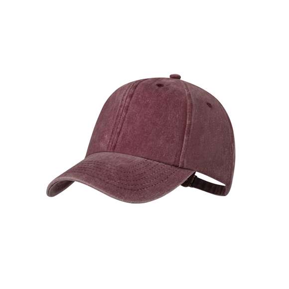 Gorra de 6 paneles de acabado efecto lavado. Fabricada en suave algodón 100%, con orificios de ventilación bordados. Con cierre trasero ajustable de hebilla metálica y disponible en variada gama de colores naturales.