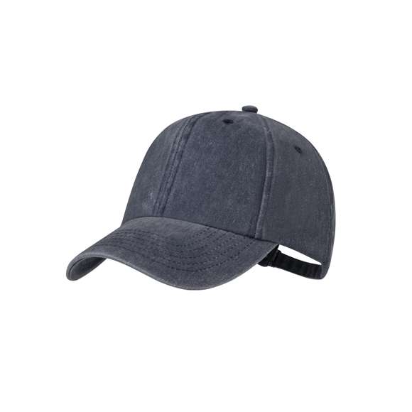 Gorra de 6 paneles de acabado efecto lavado. Fabricada en suave algodón 100%, con orificios de ventilación bordados. Con cierre trasero ajustable de hebilla metálica y disponible en variada gama de colores naturales.