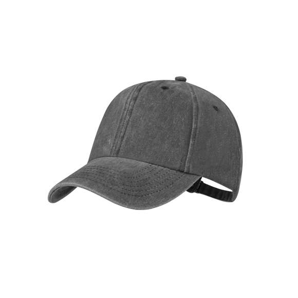 Gorra de 6 paneles de acabado efecto lavado. Fabricada en suave algodón 100%, con orificios de ventilación bordados. Con cierre trasero ajustable de hebilla metálica y disponible en variada gama de colores naturales.