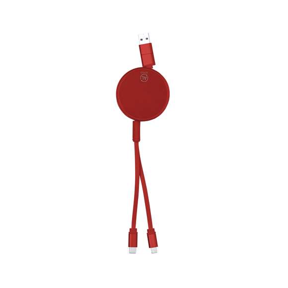 Cable cargador y sincronizador extensible, apto para transferencia de datos y fabricado en Aluminio Reciclado de acabado metalizado. Carcasa central con amplia superficie de marcaje, especialmente diseñada para grabado en láser. Disponible en variada gama de colores, con cables a juego. Conexiones de entrada Tipo C y USB, con salidas Lightning, Micro USB y Tipo C. 5V DC 2.4A. Presentado en bolsa individual de diseño kraft.El Aluminio Reciclado es un material con posibilidades de reciclaje casi infinitas, sin perder sus propiedades originales y consumiendo menos energía en este proceso.Certificación GRS (Global Recycled Standard / Estándar de Reciclaje Global), que garantiza el origen reciclado del material usado para fabricar el producto.