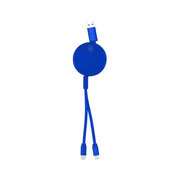 Cable cargador y sincronizador extensible, apto para transferencia de datos y fabricado en Aluminio Reciclado de acabado metalizado. Carcasa central con amplia superficie de marcaje, especialmente diseñada para grabado en láser. Disponible en variada gama de colores, con cables a juego. Conexiones de entrada Tipo C y USB, con salidas Lightning, Micro USB y Tipo C. 5V DC 2.4A. Presentado en bolsa individual de diseño kraft.El Aluminio Reciclado es un material con posibilidades de reciclaje casi infinitas, sin perder sus propiedades originales y consumiendo menos energía en este proceso.Certificación GRS (Global Recycled Standard / Estándar de Reciclaje Global), que garantiza el origen reciclado del material usado para fabricar el producto.