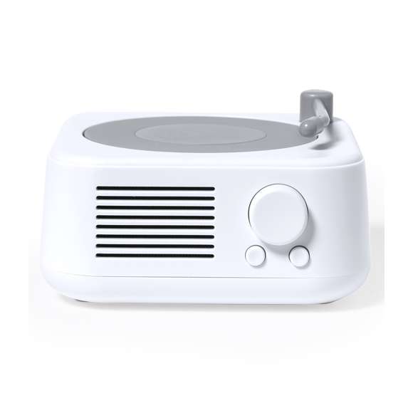 Altavoz Bluetooth en original forma de tocadiscos, de tamaño compacto y 5W de potencia. Batería de litio de 800mAh, con cable de carga Tipo C incluido e indicador luminoso de estado de carga. Función manos libres y radio FM, con ranura para tarjetas micro SD de hasta 32 GB de capacidad y una entrada auxiliar para conector jack de 3,5 mm. Fabricado en resistente ABS blanco con detalles en gris y presentado en caja individual de diseño kraft, con manual de instrucciones en español e inglés.