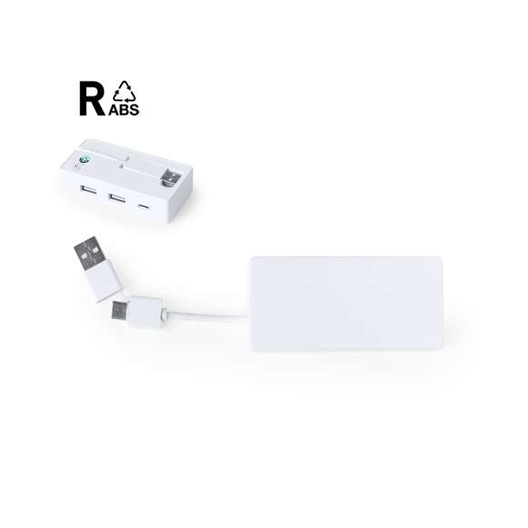 Puerto USB 2.0 fabricado en resistente RABS de acabado en color blanco. Incluye puerto Tipo C y 2 puertos USB, con entrada dual USB/Tipo C. De diseño compacto y con ranura en la parte posterior del dispositivo para almacenar el cable. Presentado en caja individual de diseño kraft.El RABS es un plástico altamente reciclable de gran resistencia y con multitud de aplicaciones que lo convierten en una solución eco-friendly. Con certificación RCS, que garantiza el origen reciclado del mismo.