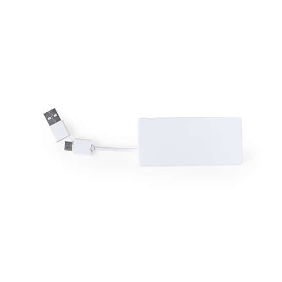 Puerto USB 2.0 fabricado en resistente RABS de acabado en color blanco. Incluye puerto Tipo C y 2 puertos USB, con entrada dual USB/Tipo C. De diseño compacto y con ranura en la parte posterior del dispositivo para almacenar el cable. Presentado en caja individual de diseño kraft.El RABS es un plástico altamente reciclable de gran resistencia y con multitud de aplicaciones que lo convierten en una solución eco-friendly. Con certificación RCS, que garantiza el origen reciclado del mismo.