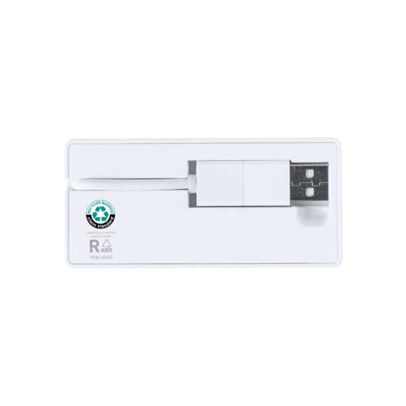 Puerto USB 2.0 fabricado en resistente RABS de acabado en color blanco. Incluye puerto Tipo C y 2 puertos USB, con entrada dual USB/Tipo C. De diseño compacto y con ranura en la parte posterior del dispositivo para almacenar el cable. Presentado en caja individual de diseño kraft.El RABS es un plástico altamente reciclable de gran resistencia y con multitud de aplicaciones que lo convierten en una solución eco-friendly. Con certificación RCS, que garantiza el origen reciclado del mismo.