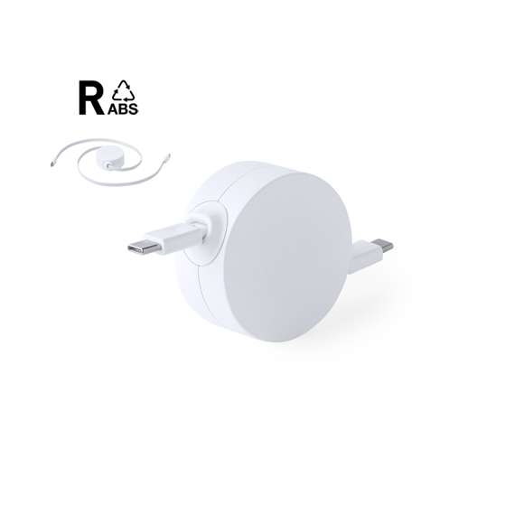 Cable cargador y sincronizador extensible, válido para cargar dispositivos y transferir datos. Fabricado en resistente RABS de color blanco. Pieza central con amplia zona de marcaje y mecanismo interior extensible. Incluidas conexiones de entrada y salida Tipo C. Presentado en bolsa individual de diseño kraft.El RABS es un plástico altamente reciclable de gran resistencia y con multitud de aplicaciones que lo convierten en una solución eco-friendly. Con certificación RCS, que garantiza el origen reciclado del mismo.