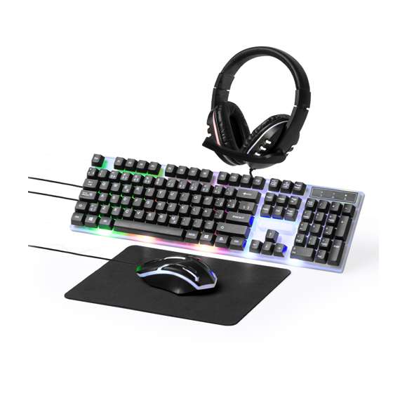 Set gamer para una experiencia de videojuego inmersiva. Incluye ratón óptico y teclado QWERTY en español, ambos retroiuminados con luz LED multicolor y conexión mediante cable USB. Además, incorpora una alfombrilla en suave poliéster, con base de silicona antideslizante perfecta para usar el ratón con precisión. El set lo completan unos auriculares de diadema con sonido envolvente y retroiluminados con luz LED multicolor; micrófono integrado y conexión jack de 3,5mm. Set en elegante acabado de color negro, presentado en caja individual de diseño kraft.
