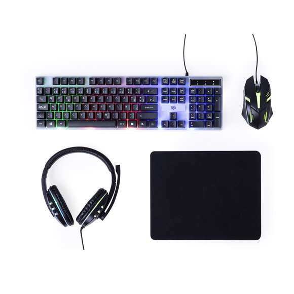 Set gamer para una experiencia de videojuego inmersiva. Incluye ratón óptico y teclado QWERTY en español, ambos retroiuminados con luz LED multicolor y conexión mediante cable USB. Además, incorpora una alfombrilla en suave poliéster, con base de silicona antideslizante perfecta para usar el ratón con precisión. El set lo completan unos auriculares de diadema con sonido envolvente y retroiluminados con luz LED multicolor; micrófono integrado y conexión jack de 3,5mm. Set en elegante acabado de color negro, presentado en caja individual de diseño kraft.
