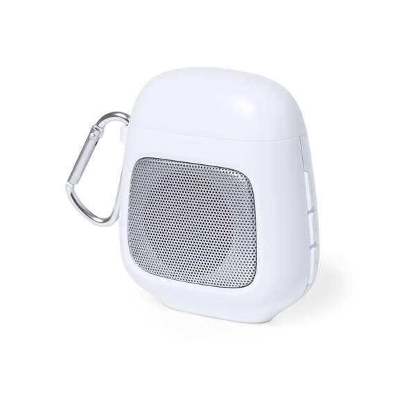 Originales auriculares altavoz con conexión Bluetooth 5.0 y fabricados resistente ABS de color blanco. El set incluye un altavoz Bluetooth de 3W de potencia, con función manos libres y mosquetón de transporte. Lo completa una pareja de auriculares intraurales con botón de control integrado y batería de 30 mAh cada uno. Base de carga de 600 mAh, con luz LED de estado de carga. Presentación en caja individual de diseño kraft, con manual de instrucciones en español e inglés.Fabricados conforme a los estándares RoHS y en cumplimiento con los siguientes requisitos de seguridad:Sistema de protección contra sobrecalentamiento.Sistema de protección contra sobrecarga.Sistema de bloqueo para evitar cortocircuitos.