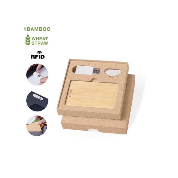 Práctico set de seguridad y privacidad. Incluye una tarjeta con protección de RFID fabricada en bambú, tapa webcam fabricada en caña de trigo y un bloqueador de datos fabricado en caña de trigo, evitando el traspaso de datos y permitiendo cargar el dispositivo. Presentado en elegante caja con compartimento troquelado para cada accesorio. Materiales como el bambú fomentan la utilización de materias primas naturales, reduciendo las emisiones contaminantes. Proviene de una planta de gran resistencia y versatilidad, con crecimiento y regeneración rápidos, siendo una excelente alternativa al uso de madera tradicional.