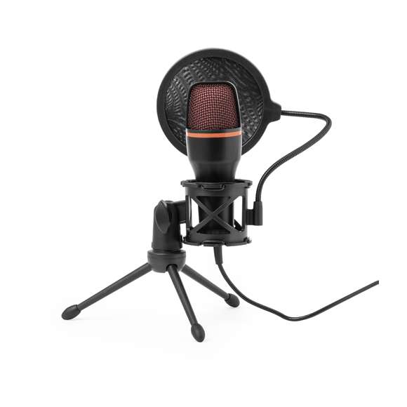 Micrófono de condensador de gran calidad de audio, idóneo para emisiones en directo, videollamadas o grabación de podcasts entre otros muchos usos. Con sistema de reducción de ruido y filtro anti-pop para que no se reproduzcan “pops” y/o siseos indeseados al pronunciar sonidos como la t, la p, o la s. Retroiluminado por LEDs multicolor y con fácil sistema de conexión plug and play mediante cable USB, compatible con PC y otros dispositivos. Incluye trípode ajustable que permite colocarlo en cualquier sitio, además de contar con rotación 360º y ajuste vertical. Presentado individualmente en caja de diseño kraft, con manual de instrucciones en español e inglés.