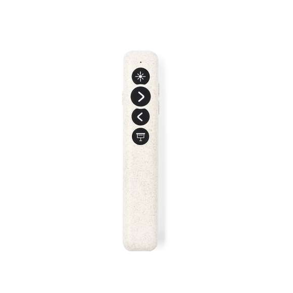 Elegante puntero láser de clase 2 con conexión USB fabricado en caña de trigo. Especialmente diseñado para presentaciones PowerPoint y Keynote, incorpora pulsador de activación lateral, con botones de avance, pausa y retroceso. Con cuerpo especialmente diseñado para marcaje en tampografía. Alimentación a pilas: 1xAAA incluida. Presentado en caja de diseño kraft, con manual de instrucciones en español e inglés.La caña de trigo fomenta la utilización de materias primas naturales, reduciendo así las emisiones contaminantes.