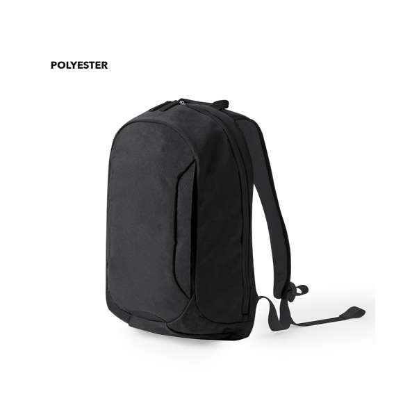 Mochila fabricada en resistente poliéster, dotada de cierre de cremallera de doble tirador y un bolsillo frontal. En su interior, dispone de compartimento acolchado para portátil hasta 15 pulgadas y compartimento para tablet de hasta 10 pulgadas. En el exterior, cuenta con un bolsillo frontal de acceso rápido y otro oculto en la espalda acolchada para guardar objetos de valor, incorporando una cinta para fijarla a las maletas. Sus esquinas reforzadas aportan durabilidad, e incluye asa de transporte, con elegantes accesorios en tono negro. Las cintas de hombros y la espalda son acolchadas y ajustables para mayor comodidad. Presentado en una bolsa individual reciclada.