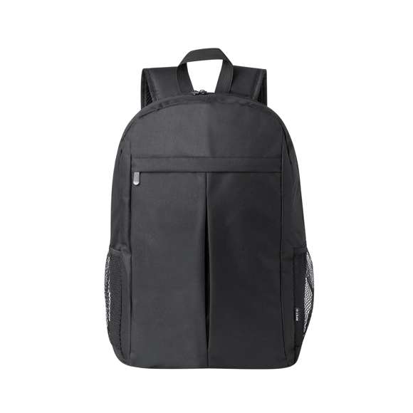 Mochila elaborada en resistente 600D RPET. Provista de cierre de cremallera de doble tirador y un práctico bolsillo frontal. Su interior cuenta con compartimentos acolchados diseñados para tablet de hasta 10 pulgadas y portátil de hasta 15 pulgadas. La espalda y las cintas de hombros están acolchadas y son ajustables, incorporando un tejido especial transpirable. Además, presenta una cinta superior y bolsillos laterales de rejilla. Logotipo RPET en etiqueta. Presentada en una bolsa individual reciclada. El material RPET se elabora a partir de plástico reciclado, para así fomentar la reutilización de residuos plásticos y ayudar a la sostenibilidad del planeta.