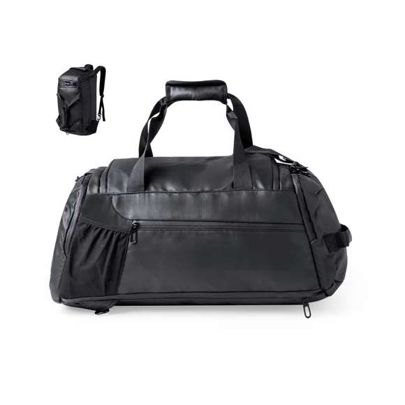 Bolso mochila confeccionado en resistente y suave polipiel. Su compartimento central se cierra mediante cremallera de doble tirador. Además, presenta un bolsillo lateral independiente y uno más en el otro extremo, ambos con cierre de cremallera; y en la base uno especialmente diseñado para zapatos. También incluye bolsillo exterior de rejilla. Ofrece tres opciones de transporte: como mochila, gracias a las asas acolchadas y plegables; como bolso de mano; o bien como bandolera gracias a su cinta para el hombro ajustable. Las cremalleras están discretamente ocultas para un diseño más elegante. Presentado en bolsa individual.