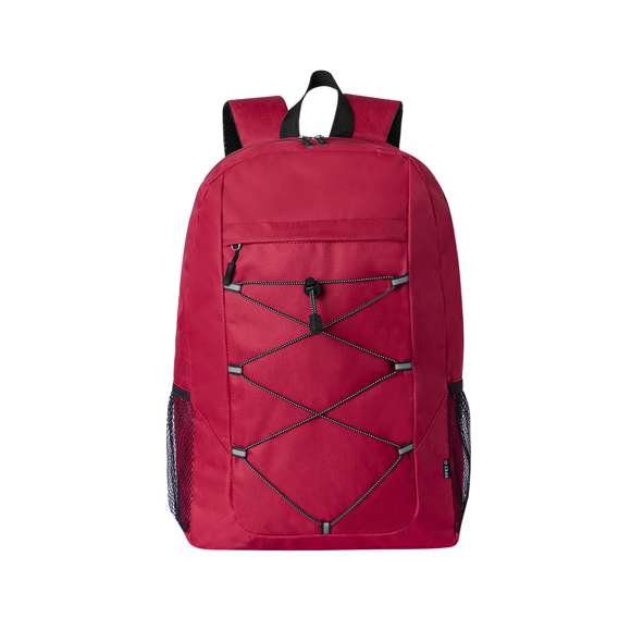 Mochila confeccionada en resistente 600D RPET. Cuenta con un bolsillo principal con cierre de cremallera, y doble tirador. Las cintas para los hombros son acolchadas y ajustables. Presenta bolsillos de rejilla en los laterales, así como cuerda elástica ajustable en el frontal. Disponible en una variada gama de colores con accesorios en negro, se presenta de manera individual en una bolsa reciclada. Logotipo RPET en etiqueta exterior.El material RPET se elabora a partir de plástico reciclado, para así fomentar la reutilización de residuos plásticos y ayudar a la sostenibilidad del planeta.