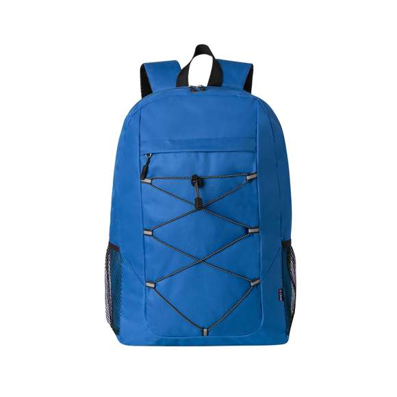 Mochila confeccionada en resistente 600D RPET. Cuenta con un bolsillo principal con cierre de cremallera, y doble tirador. Las cintas para los hombros son acolchadas y ajustables. Presenta bolsillos de rejilla en los laterales, así como cuerda elástica ajustable en el frontal. Disponible en una variada gama de colores con accesorios en negro, se presenta de manera individual en una bolsa reciclada. Logotipo RPET en etiqueta exterior.El material RPET se elabora a partir de plástico reciclado, para así fomentar la reutilización de residuos plásticos y ayudar a la sostenibilidad del planeta.