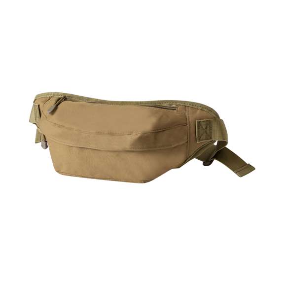 Riñonera en resistente poliéster 800D y tono marrón arena. Con 2 bolsillos de cierre de cremallera y cintas en tiradores para una cómoda apertura. Cinta ajustable con cierre de hebilla, presentada individualmente en bolsa reciclada.