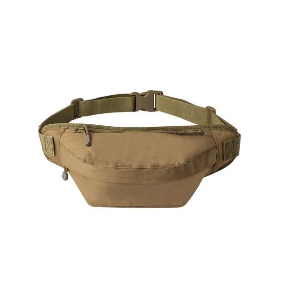 Riñonera en resistente poliéster 800D y tono marrón arena. Con 2 bolsillos de cierre de cremallera y cintas en tiradores para una cómoda apertura. Cinta ajustable con cierre de hebilla, presentada individualmente en bolsa reciclada.