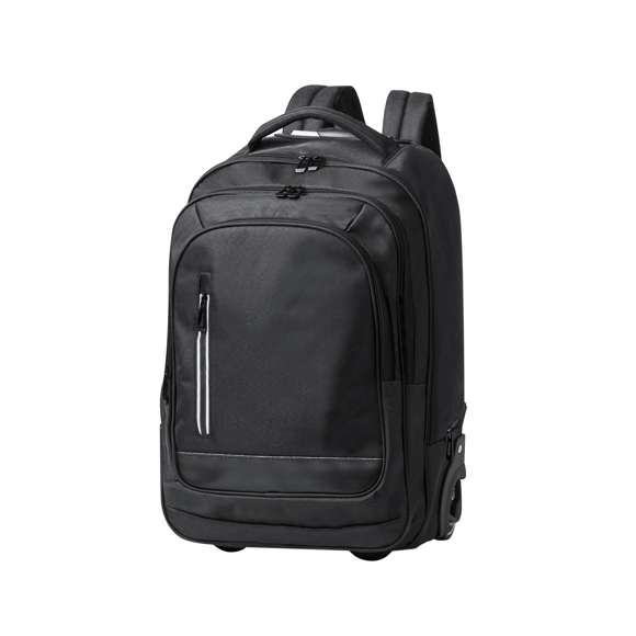 Mochila trolley de 2 ruedas en poliéster 300D de alta calidad. Incluye compartimento interior acolchado para ordenador portátil de hasta 15 pulgadas. Con asa exterior reforzada a juego y prácticos bolsillos en parte frontal. Con cremalleras a juego, además incluye cintas para hombro acolchadas y ocultas en parte posterior para usar como mochila. Presentado en bolsa individual reciclada.