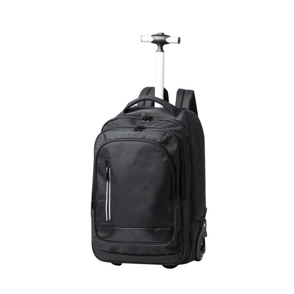 Mochila trolley de 2 ruedas en poliéster 300D de alta calidad. Incluye compartimento interior acolchado para ordenador portátil de hasta 15 pulgadas. Con asa exterior reforzada a juego y prácticos bolsillos en parte frontal. Con cremalleras a juego, además incluye cintas para hombro acolchadas y ocultas en parte posterior para usar como mochila. Presentado en bolsa individual reciclada.