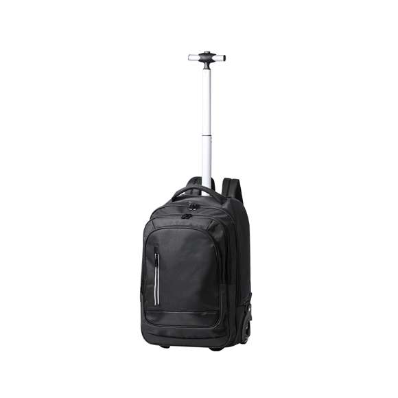 Mochila trolley de 2 ruedas en poliéster 300D de alta calidad. Incluye compartimento interior acolchado para ordenador portátil de hasta 15 pulgadas. Con asa exterior reforzada a juego y prácticos bolsillos en parte frontal. Con cremalleras a juego, además incluye cintas para hombro acolchadas y ocultas en parte posterior para usar como mochila. Presentado en bolsa individual reciclada.