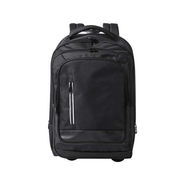 Mochila trolley de 2 ruedas en poliéster 300D de alta calidad. Incluye compartimento interior acolchado para ordenador portátil de hasta 15 pulgadas. Con asa exterior reforzada a juego y prácticos bolsillos en parte frontal. Con cremalleras a juego, además incluye cintas para hombro acolchadas y ocultas en parte posterior para usar como mochila. Presentado en bolsa individual reciclada.