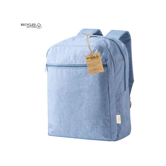 Mochila fabricada en algodón 100% reciclado GRS de 300g/m2. Cuenta con compartimento principal y bolsillo frontal con cierre de cremallera. Incluye asa de transporte y cintas para hombros ajustables a juego, acolchadas para mayor comodidad. Disponible en una variada gama de colores y con logotipo algodón reciclado en la etiqueta exterior. Disponible certificación GRS (Global Recycled Standard / Estándar de Reciclaje Global), que garantiza el origen reciclado del material usado para fabricar el producto.