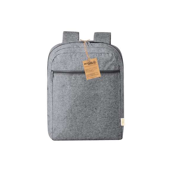 Mochila fabricada en algodón 100% reciclado GRS de 300g/m2. Cuenta con compartimento principal y bolsillo frontal con cierre de cremallera. Incluye asa de transporte y cintas para hombros ajustables a juego, acolchadas para mayor comodidad. Disponible en una variada gama de colores y con logotipo algodón reciclado en la etiqueta exterior. Disponible certificación GRS (Global Recycled Standard / Estándar de Reciclaje Global), que garantiza el origen reciclado del material usado para fabricar el producto.