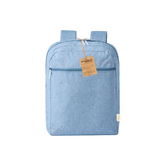 Mochila fabricada en algodón 100% reciclado GRS de 300g/m2. Cuenta con compartimento principal y bolsillo frontal con cierre de cremallera. Incluye asa de transporte y cintas para hombros ajustables a juego, acolchadas para mayor comodidad. Disponible en una variada gama de colores y con logotipo algodón reciclado en la etiqueta exterior. Disponible certificación GRS (Global Recycled Standard / Estándar de Reciclaje Global), que garantiza el origen reciclado del material usado para fabricar el producto.