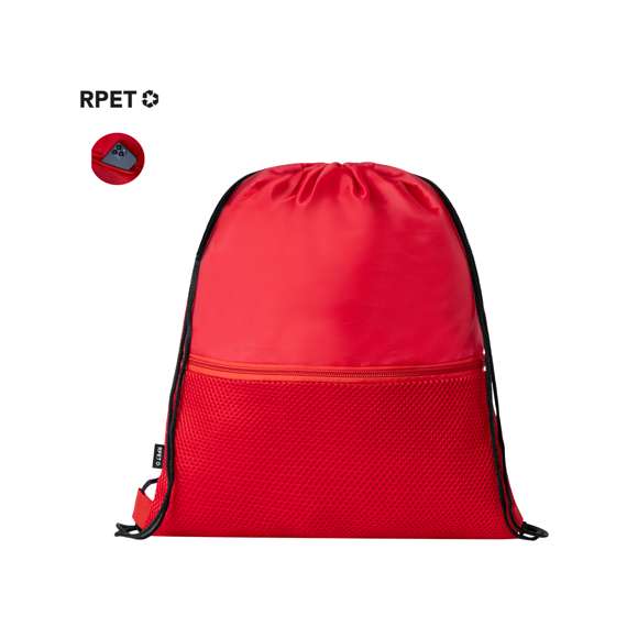 Mochila de cuerdas fabricada en suave poliéster RPET 210D. Cuenta con cuerdas de autocierre negras en argollas de tela. Incluye un bolsillo frontal de rejilla con cierre de cremallera a juego. Logotipo RPET en etiqueta lateral y está disponible en una variada gama de colores (color blanco especialmente fabricado para marcaje en sublimación).El material RPET se elabora a partir de plástico reciclado, para así fomentar la reutilización de residuos plásticos y ayudar a la sostenibilidad del planeta.