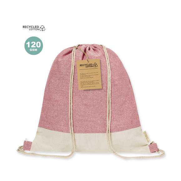 Mochila de cuerdas confeccionada en material 100% algodón reciclado de 120 g/m2. Las cuerdas de autocierre también están fabricadas en algodón con argollas de tela. La base presenta un color natural a juego con las cuerdas, con el logotipo eco visible en la etiqueta lateral. Disponible en una variada gama de colores nature. Resistencia hasta 6kg de peso.