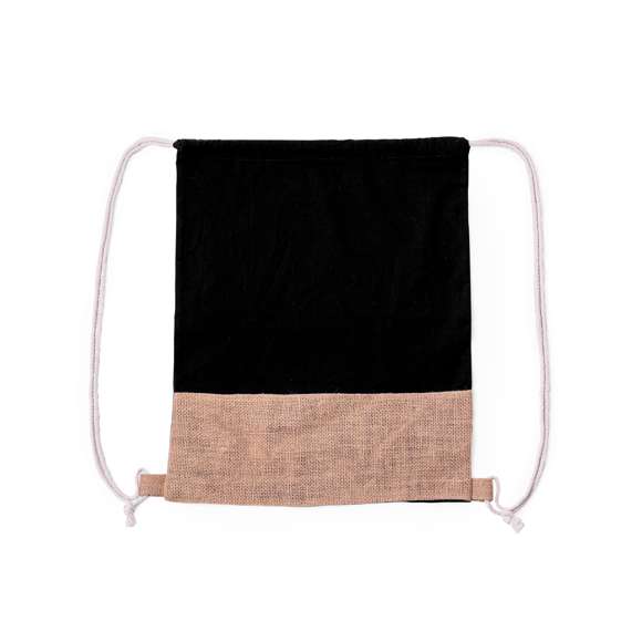 Mochila de cuerdas en material 100% algodón de 120 g/m2 en combinación con yute. Cuerdas autocierre en algodón en blanco con argollas de yute en la base. Disponible en diversos colores. Resistencia hasta 8kg de peso.