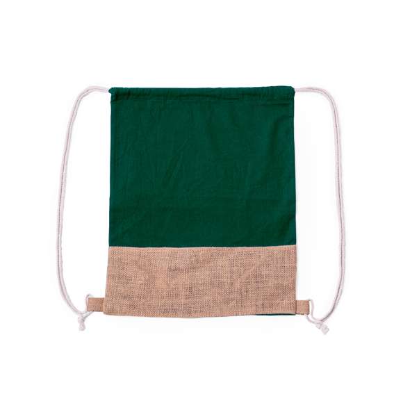 Mochila de cuerdas en material 100% algodón de 120 g/m2 en combinación con yute. Cuerdas autocierre en algodón en blanco con argollas de yute en la base. Disponible en diversos colores. Resistencia hasta 8kg de peso.