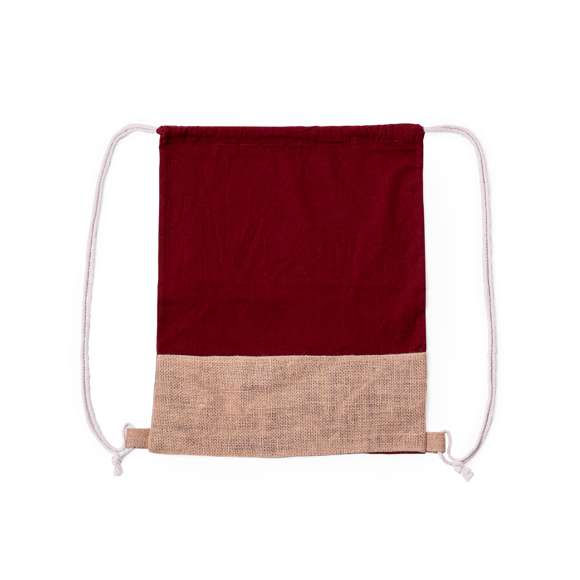 Mochila de cuerdas en material 100% algodón de 120 g/m2 en combinación con yute. Cuerdas autocierre en algodón en blanco con argollas de yute en la base. Disponible en diversos colores. Resistencia hasta 8kg de peso.