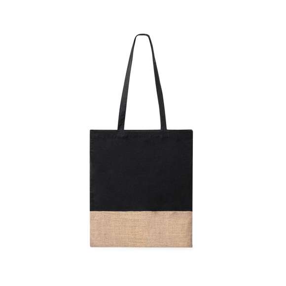 Bolsa de asas en material 100% algodón de 120 g/m2 en combinación con yute. Confortables asas planas y disponible en varios colores. Resistencia hasta 8kg de peso.