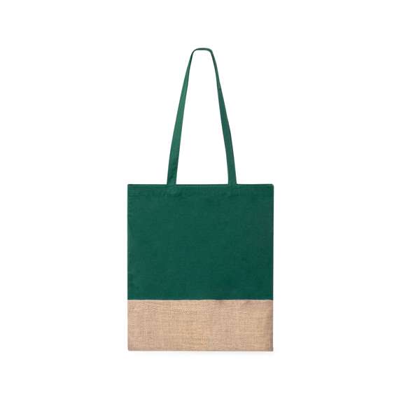 Bolsa de asas en material 100% algodón de 120 g/m2 en combinación con yute. Confortables asas planas y disponible en varios colores. Resistencia hasta 8kg de peso.