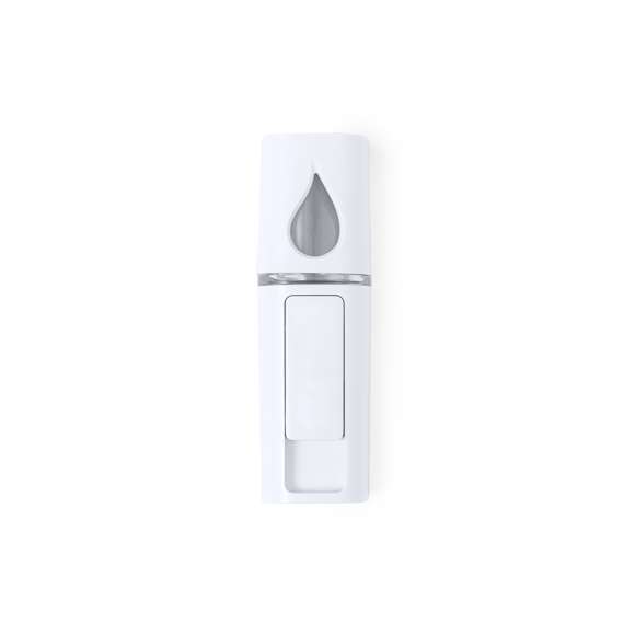Fantástico vaporizador de bolsillo. Refrescante e hidratante pulverizador eléctrico crea una ligera bruma para rociar sobre la piel deslizando la tapadera protectora. Contenedor de 15 ml recargable con tapón de rosca, indicador de nivel y elegante luz morada. Con espejo en la tapadera. Funciona con batería de 250 mAh, cable incluido. Presentado en una caja individual.