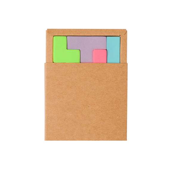 Portanotas fabricado en cartón reciclado. Con 200 mininotas adhesivas en diferentes colores y formas geométricas. Presentados en una caja de cartón reciclado con funda.