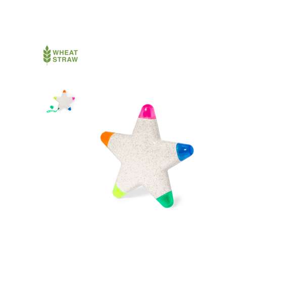 Original marcador fluorescente de cinco colores fabricado en caña de trigo. Con cuerpo de estrella en suave acabado brillante, especialmente diseñado para marcaje a todo color. Con capuchas translúcidas a juego con el marcador. Presentado en bolsa de papel reciclado.La caña de trigo fomenta la utilización de materias primas naturales, reduciendo así las emisiones contaminantes.