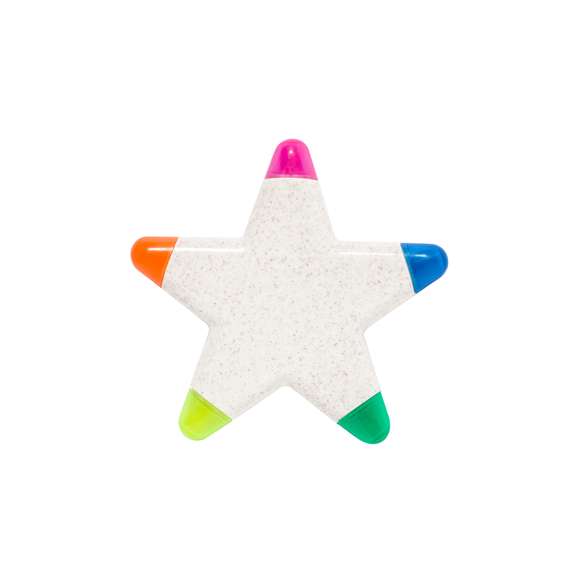 Original marcador fluorescente de cinco colores fabricado en caña de trigo. Con cuerpo de estrella en suave acabado brillante, especialmente diseñado para marcaje a todo color. Con capuchas translúcidas a juego con el marcador. Presentado en bolsa de papel reciclado.La caña de trigo fomenta la utilización de materias primas naturales, reduciendo así las emisiones contaminantes.