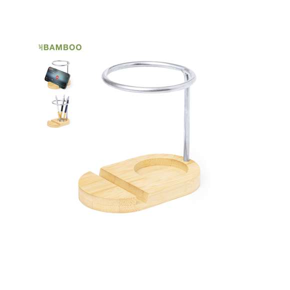 Lapicero con soporte fabricado en bambú y acero inox. De diseño minimalista, con base fabricada en bambú y estructura metálica. Presentado en una caja de diseño kraft. Materiales como el bambú fomentan la utilización de materias primas naturales, reduciendo las emisiones contaminantes. Proviene de una planta de gran resistencia y versatilidad, con crecimiento y regeneración rápidos, siendo una excelente alternativa al uso de madera tradicional.