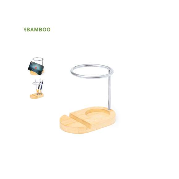Lapicero con soporte fabricado en bambú y acero inox. De diseño minimalista, con base fabricada en bambú y estructura metálica. Presentado en una caja de diseño kraft. Materiales como el bambú fomentan la utilización de materias primas naturales, reduciendo las emisiones contaminantes. Proviene de una planta de gran resistencia y versatilidad, con crecimiento y regeneración rápidos, siendo una excelente alternativa al uso de madera tradicional.
