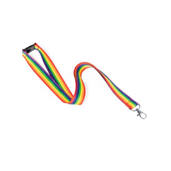 Lanyard Rainbow multicolor, fabricado en suave poliéster. Con mosquetón metálico giratorio y accesorio de seguridad en el cuello. Todo un orgullo de lanyard.